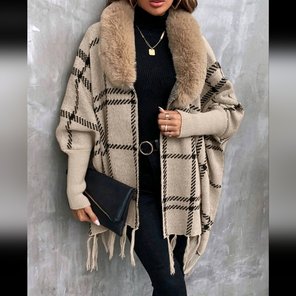 Comfy Faux Vegan Fur Plaid Fringe Cuff Sleeve Shawl Sweater Cardigan - Picture 7 of 12